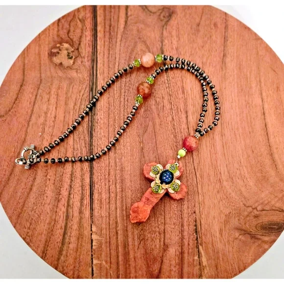 Handmade gemstone cross with Czech glass necklace Boho - Picture 2 of 7